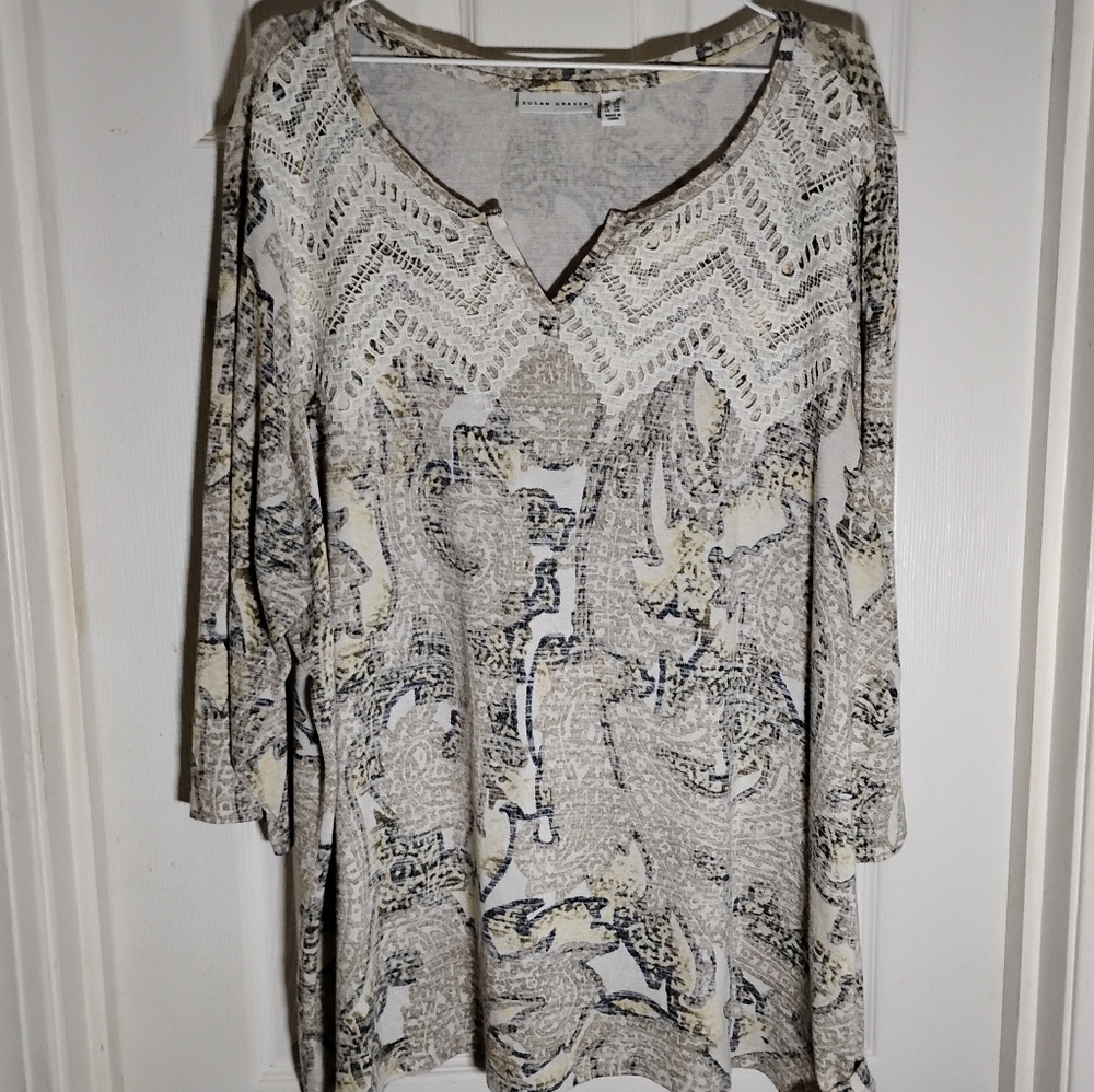 Knit Tunic Mosaic Print 3/4 Sleeve Susan Graver